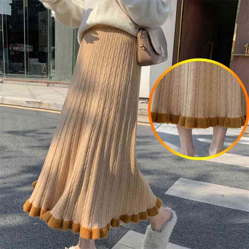 

Women Knitted Skirts Autumn Winter Thick Warm Midi Elastic Band High Waist Ruffle for 210520, Photo color