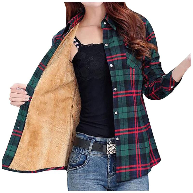 

Women's Blouses & Shirts Velvet Thick Warm Plaid Shirt Female Long Sleeve Tops Winter Fleece Casual Check Blouse Autumn Clothes#g4, White