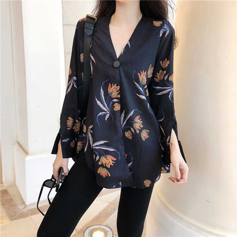 

Arrival Spring Korea Fashion Women Long Sleeve Vintage Shirts Chiffon Print V-neck Swallow Tail Blouse Female Tops S409 210608, Picture color