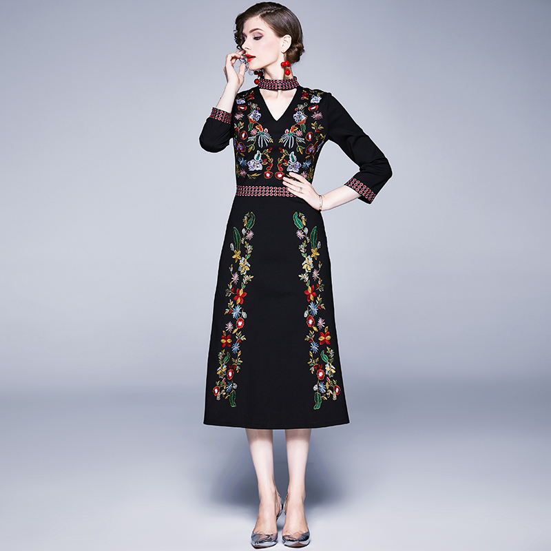

Elegant Designer Women Luxury Embroidery Dress Female Vintage Cocktail Party Robe Ladies Sexy Hollow Out Dresses Vestidos 210525, Black