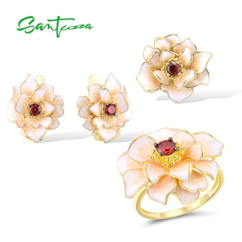 

Bracelet, Earrings & Necklace SANTUZZA 925 Sterling Silver Jewelry Set For Women White Enamel Lotus Flower Pendant Ring Stylish Fine Gift, Black