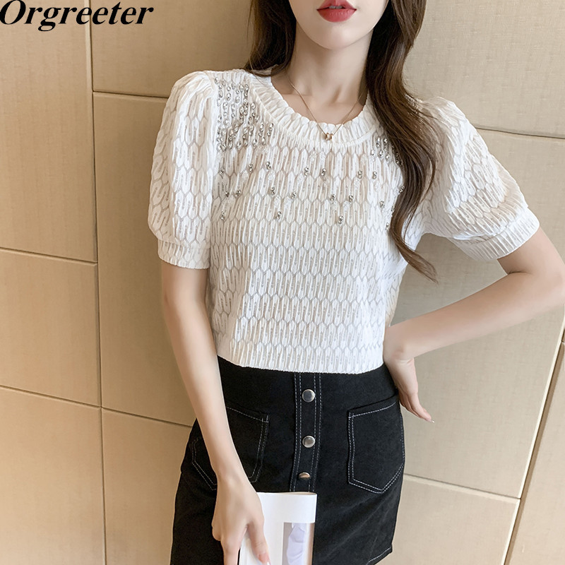 

Summer Sexy Diamonds Transparent Women' Tops Elegant OL Short Sleeve Elastic Lace Blouse Ropa Mujer Tshirt 210525, Beige