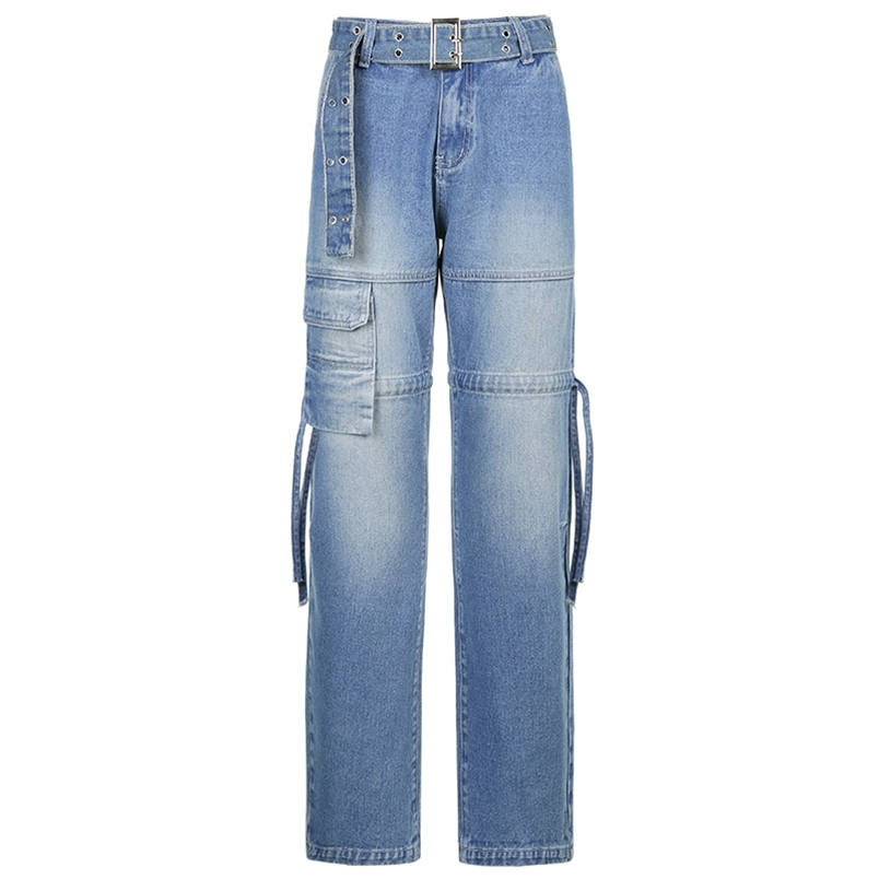 

JMPRS Y2K Blue Jeans Retro Sashes Denim Pants Ruched Drawstring Cargo Female Big Pockets Trousers Ladies Streetwear Jean 210708