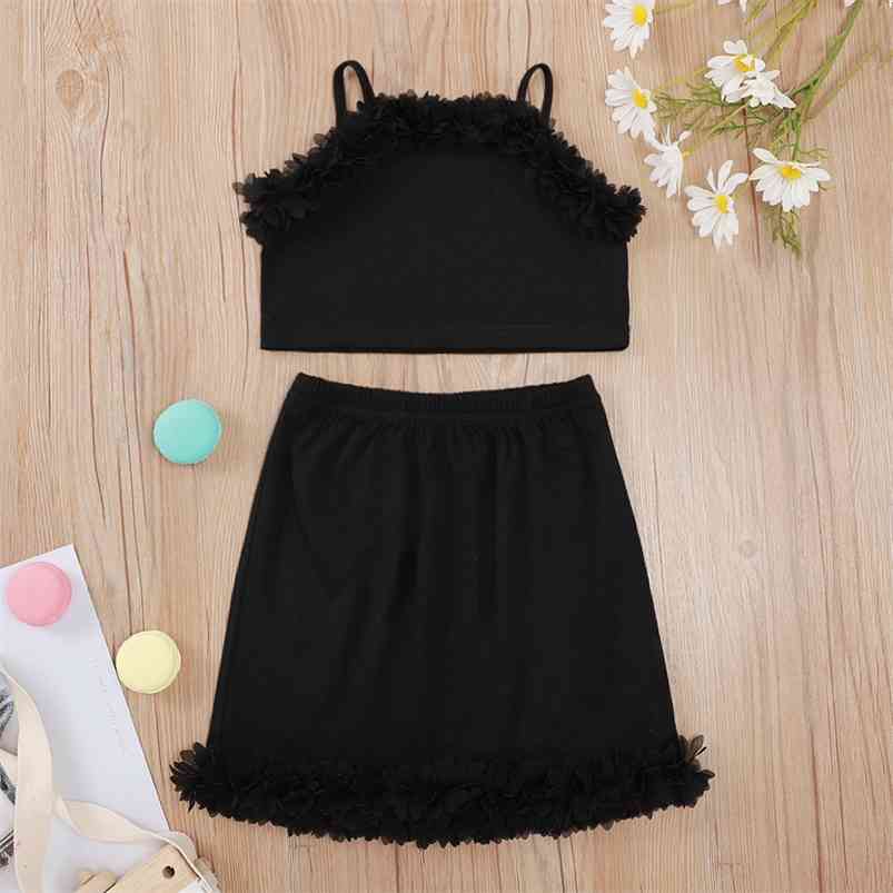 

Summer Children Sets Strap Lace Black Solid Tops Skirt Cute 2Pcs Girls Boys Clothes Set 3-10T 210629