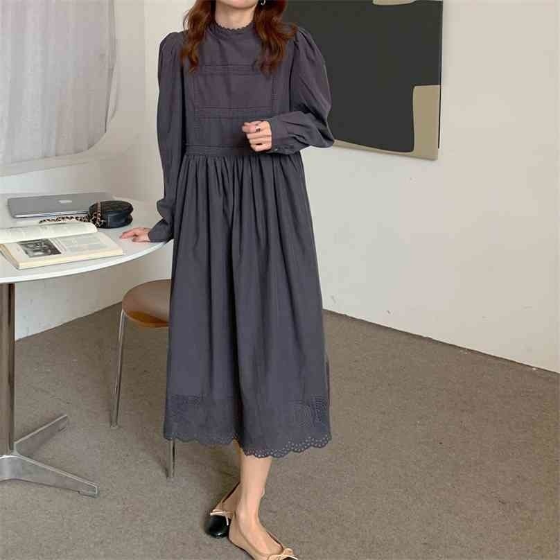 

Retro Solid A-Line Office Lady Streetwear Fashion OL High Quality Femme All Match Long Dresses Vestidos 210525, Apricot
