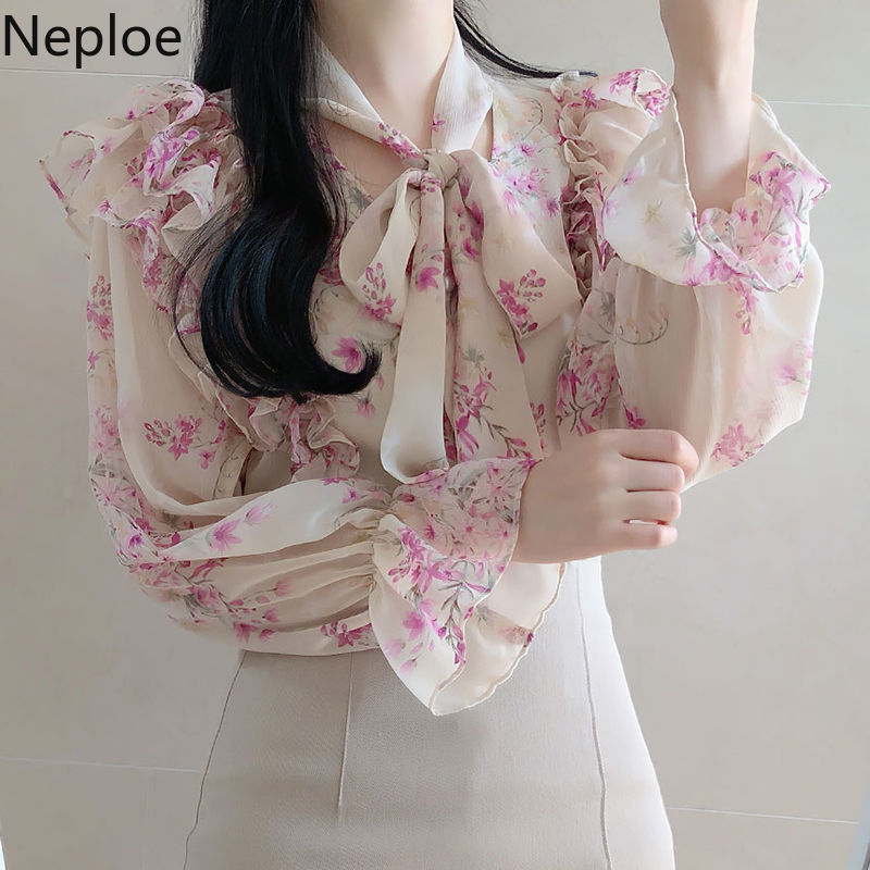 Neploe Blusas Mujer De Moda Floral Chiffon Blouses Women Flare Sleeve Sweet Ruffles Shirts Fashion Loose Blouse Tops 94771 210422