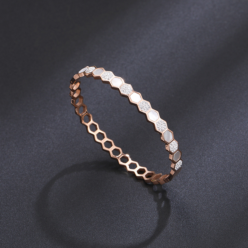 

White Shell Stainless Steel Bracelet Rose Gold Honeycomb Hollow Geometry Open High-End Bracelet Ladies' Bracelet