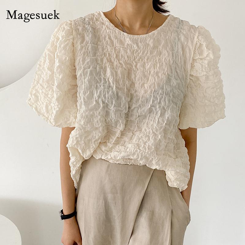 

Women's Blouses & Shirts Summer Short Sleeve Pleated Blouse Women Korean Puff Simple O Neck Shirt Fashion Loose Casual Tops 2021, Apricot