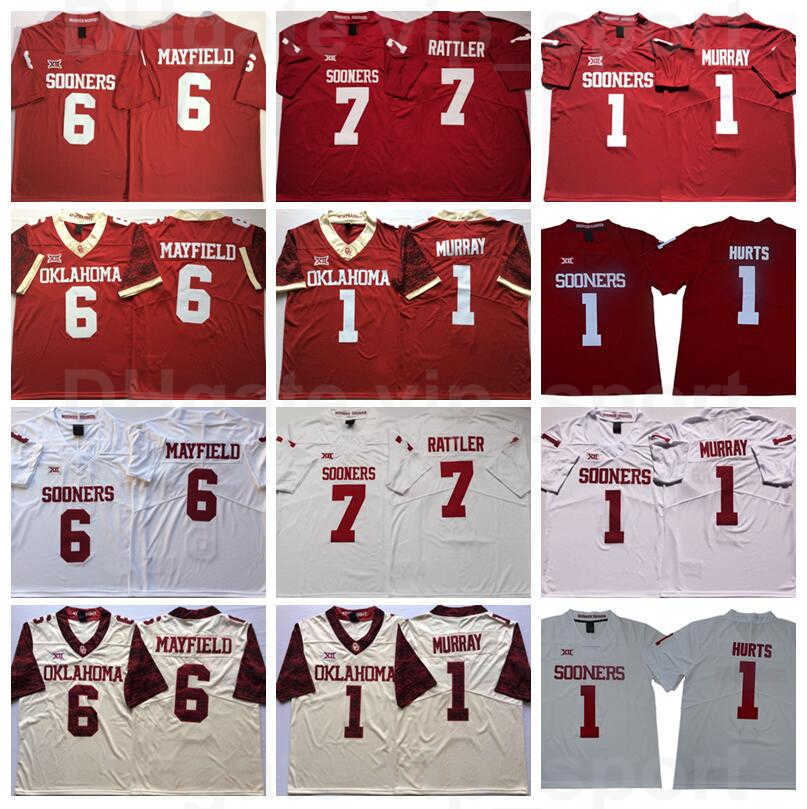 

NCAA Football Oklahoma Sooners College 1 Kyler Murray Jersey Jalen Hurts 6 Baker Mayfield 7 Spencer Rattler Red White Stitched Big 12 XII, 1 murray