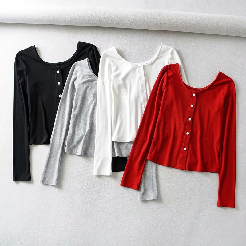 

t shirt solid color single breasted mini cardigan 2021 autumn long sleeve round neck slim fit women's, White