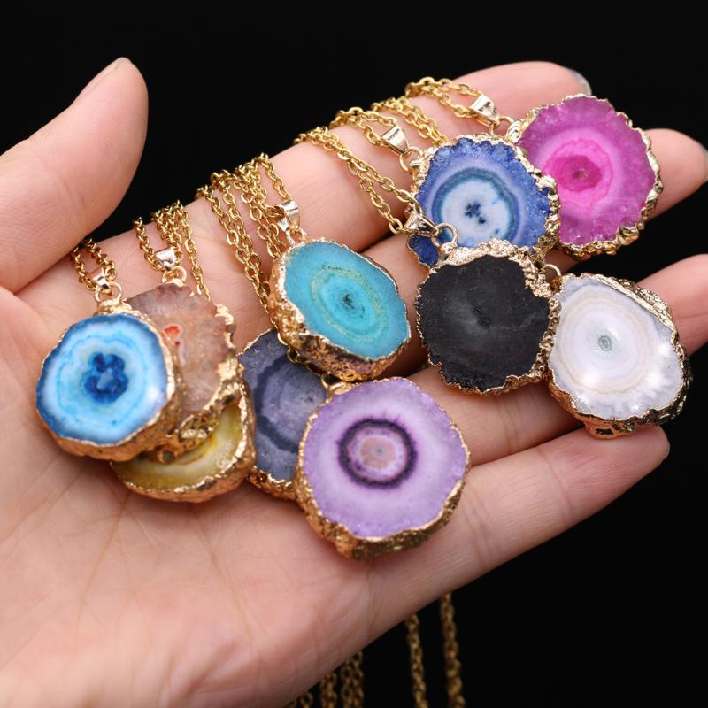 

Charms Natural Semi-precious Stone Agate Pendant Irregular Circle 20x25-23x28mm 40+5cm For Jewelry Making Necklaces Gift, Bronze;silver