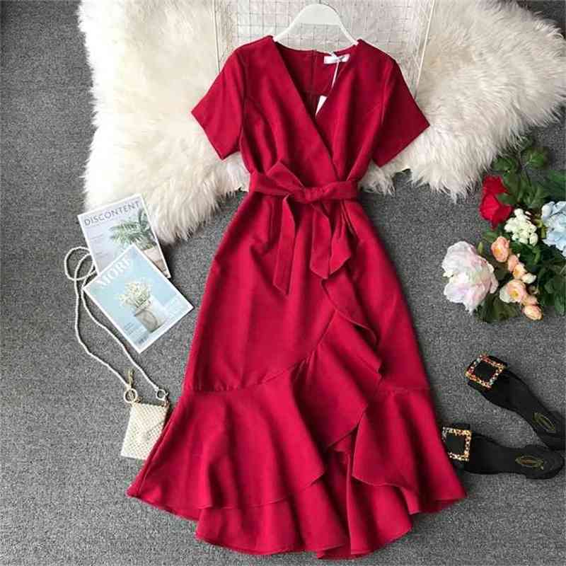 

Summer Irregular Dresses Women Short Sleeve V Neck Sexy Slim Bandage Dress Woman Casual Lotus Leaf Long Robe 210525