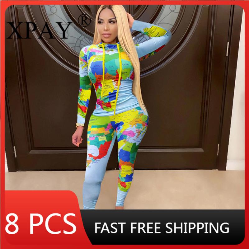 

Women's Two Piece Pants Wholesale Bulk Items Lots Tracksuits For Women Fall Bodycon Map Printing 2 Set Outfits Long Sleeve Top + Legging X84, White