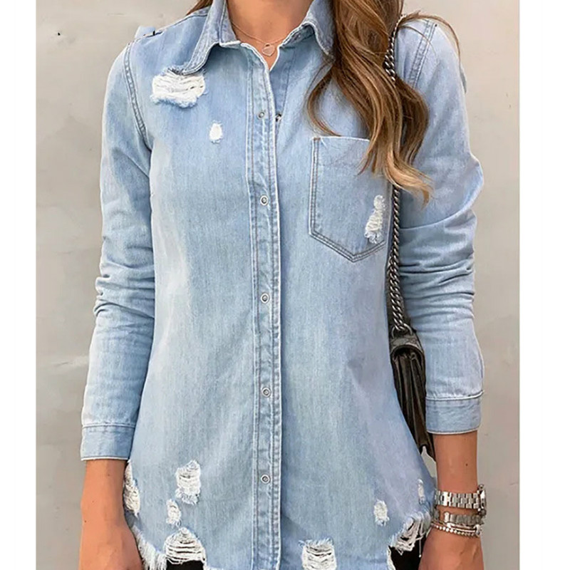 

Women Tassel Hole Long Sleeve Jeans Slim Jacket Coat 2019 Autumn Casual Denim Top, Light blue