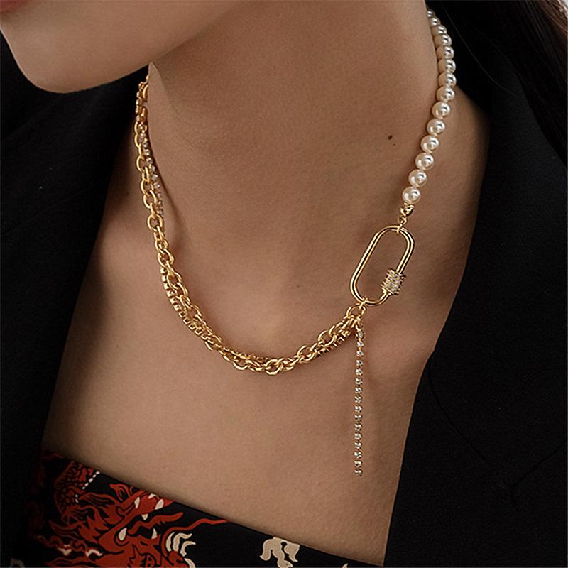 

European Gold Silver Color Metal Imitated Pearl Stitching Square Necklace Geometric Hollow Tassel Clavicle Chain For Women Chains