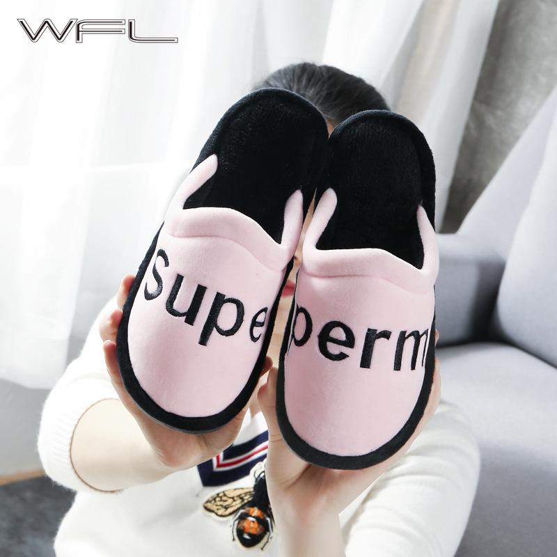 

Slippers WFL 2021 Women Shoes Winter Couple At Home Non-slip Sole Men Fashion Warm Furry Soft Cotton House, Black