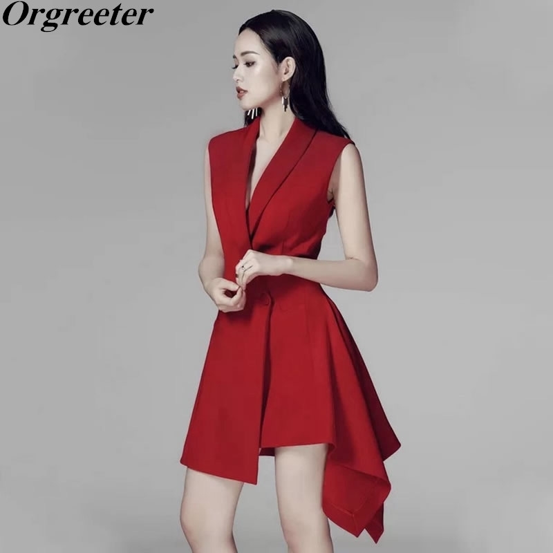 

Summer Dress Women Graceful Notched collar Single buckle Slim With Belt Irregular Sleeveless Solid OL Casual Dres 210525, Black