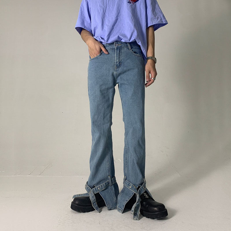 

women's jeans stoashing design leg strap split light blue for men streetwear loose wide micro flared pants women oversized ek9d