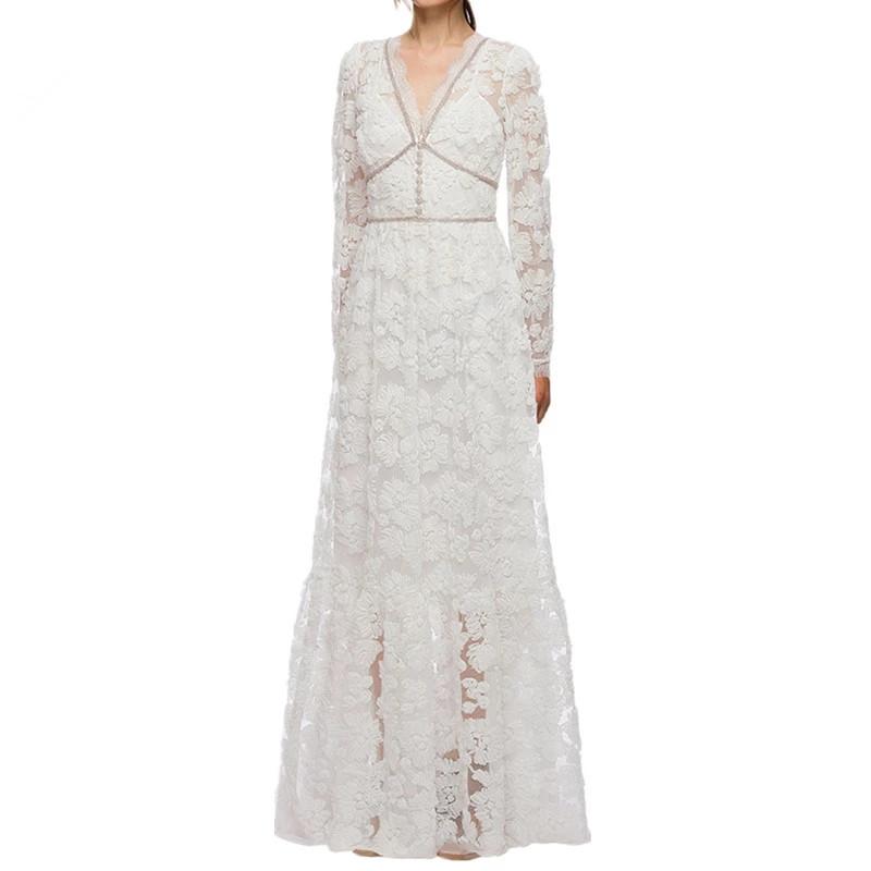 

Casual Dresses ZAWFL 2021 Summer Self Portrait Dress Women' Long Sleeve Sexy V-neck Hollow Out Flower Embroidery Lace Party, Picture color