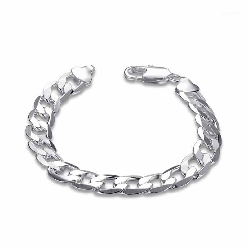 

Sterling Silver Jewelry 10mm Wide Bracelet Flat Men Simple Geometric Silverware Lobster Claw Clasp Link, Chain, Black