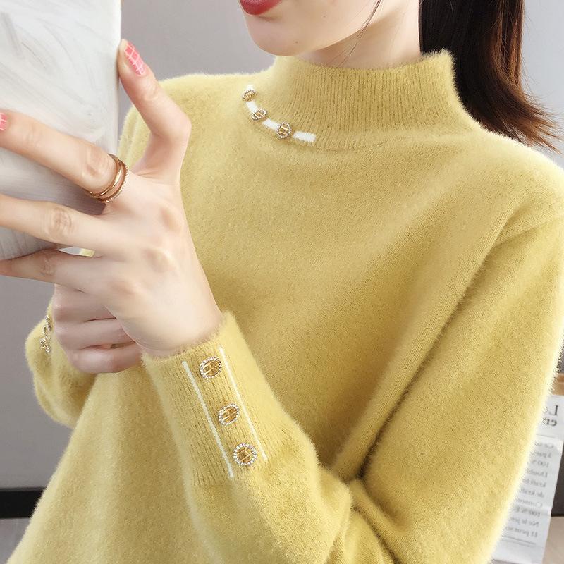 

Women's Sweaters Sets Tide Pure Color With Thick Sweater Loose Inside Take Half A Turtleneck Mink Wool Knitting Render Unlined Upper Garment, White;black