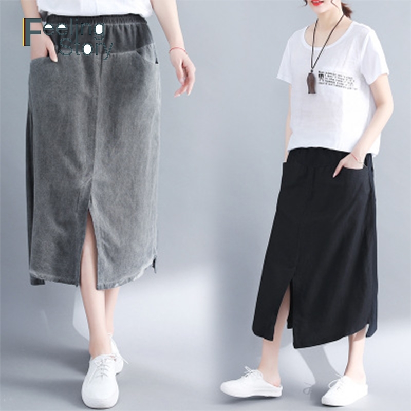 

Summer Plus Size Woman's Jeans Linen Cotton Skirt Elastic Waist Vintage Front Slit Korean Jean s For Ladies 210603, Black