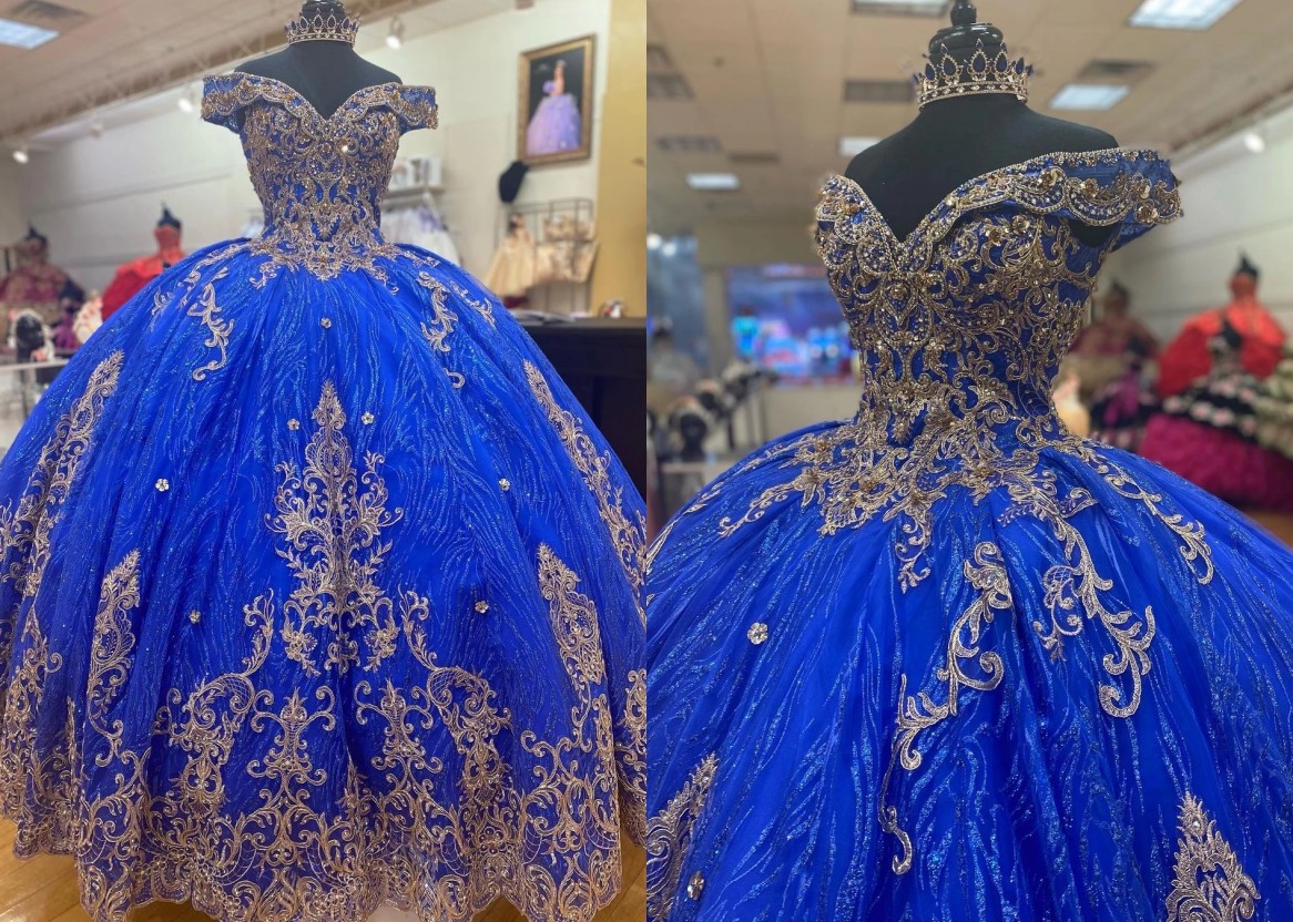 

Glitter Royal Blue Sequined Fabric Ball Gown Quinceanera Prom Dresses 2022 Off Shoulder with Sleeves Lace Applique Mexican XV Evening party dress Vestidos 15 Anos