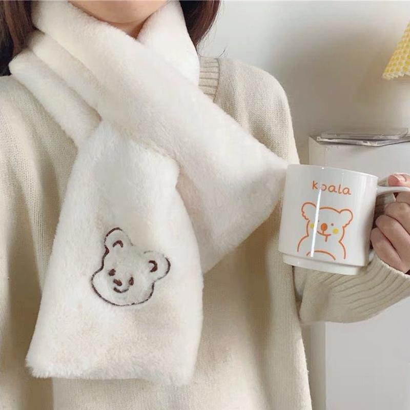 

Scarves Korean Cute Bear Head Fur Collar Cross Plush Scarf Woman Winter Knit Double Sided Thicken Cold Neck Guard Warm Shawl T49