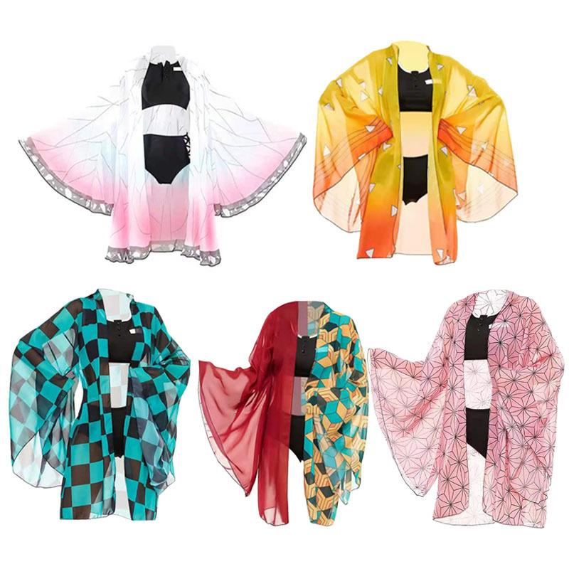 Party Favor Demon Slayer Anime Cosplay Kimetsu No Yaiba Kamado Tanjirou Two Piece Suit Swimsuit With Sheer Kimono Cardigan Halloween-image-718597921