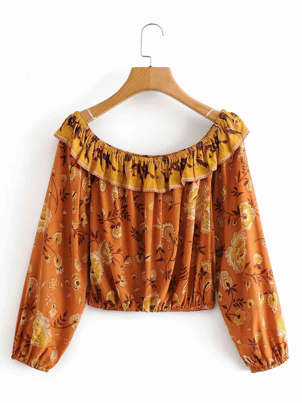 

Women' & Women Floral Print Off-shoulder Shirts Long Sleeve Slash Neck Autumn Summer Bohemian Beach Boho Blouses Shirt Spring Top, Brown