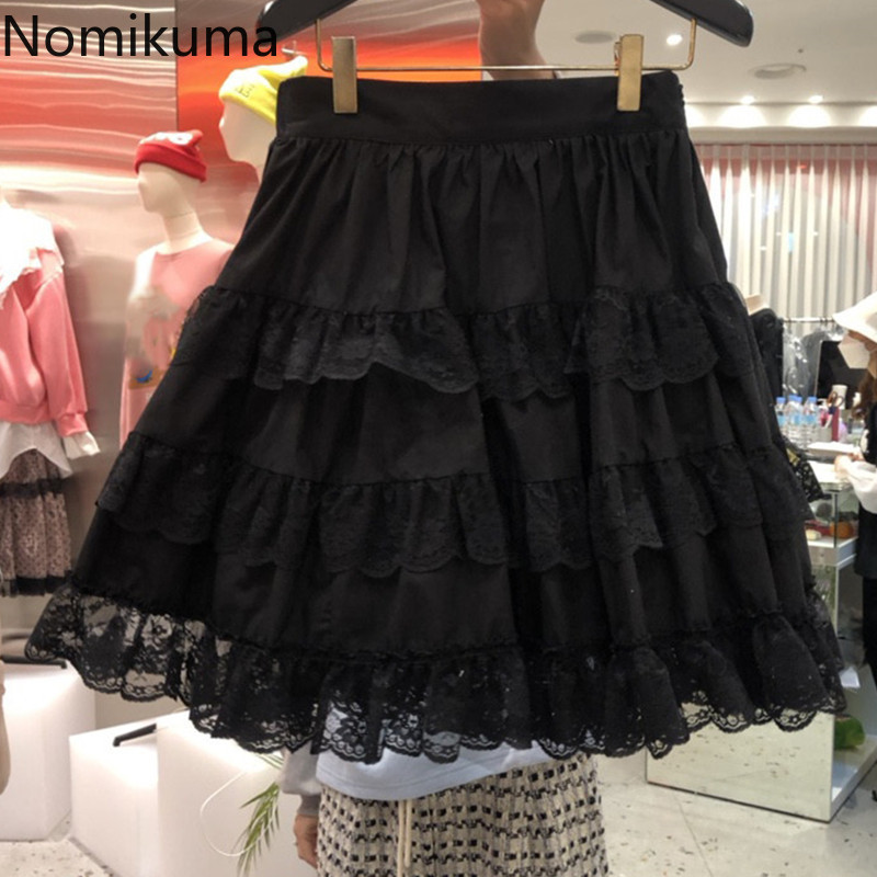 Nomikuma Spring Summer Women Skirt Korean Lace Ruffle Patchwork A-line Mini Skirts Causal High Waist Faldas Mujer 6E943 210427