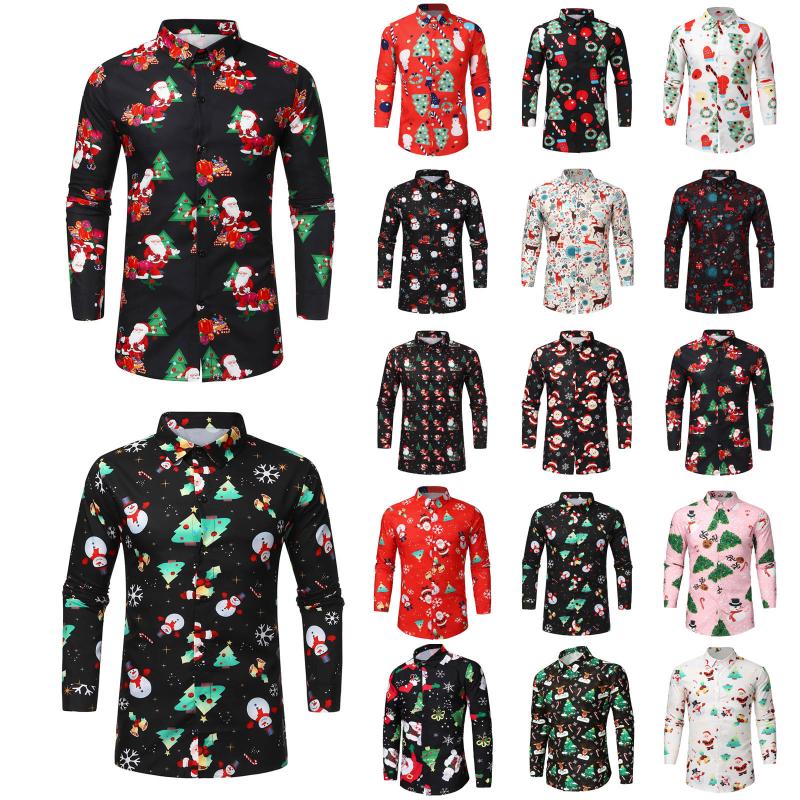

Men's Casual Shirts 2021 Men Winter Autumn Long Sleeve Christmas Deer Print Fashion Cute Shirt Top Blouse Turn Down Collar Snowflakes, White;black
