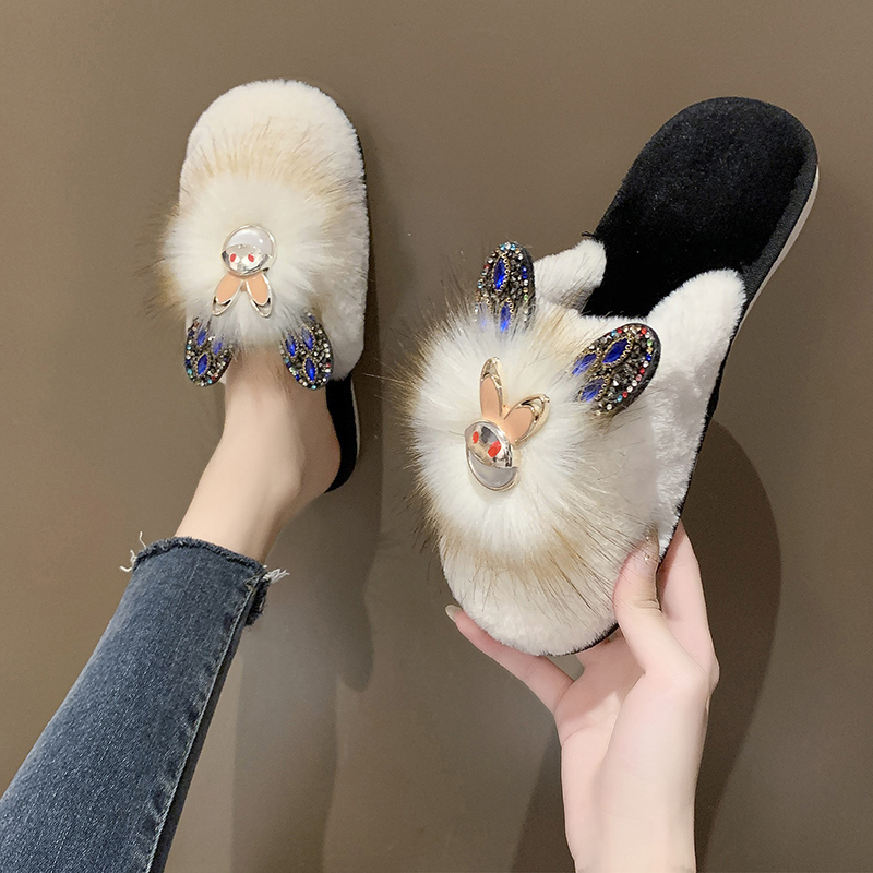 

Plush Slippers Female Winter Drill Rabbit Home Warm Fashion Lovely Baotou Cotton Shoes Comfortable Soft Soles