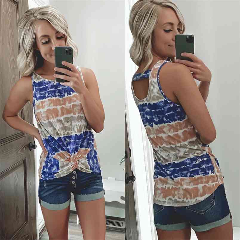 

Summer Women Tie Dye Print Short T Shirt Sleeveless Knotted Tshirt Harajuku Camiseta Mujer Cutout T-shirt Femme Streetwear 210517, Blue