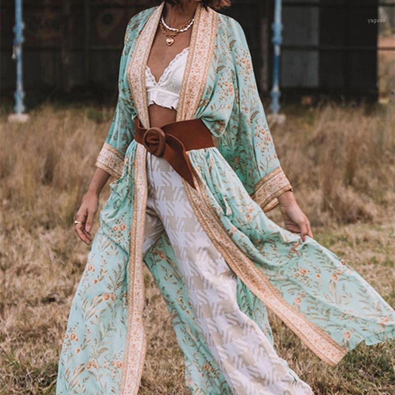 

Bohemian Printed Bikini Cover-ups Green Cotton Tunic Long Kimono Cardigan Plus Size Pareo Women Beach Wear Swim Suit Cover Up Women's Swimwe, White