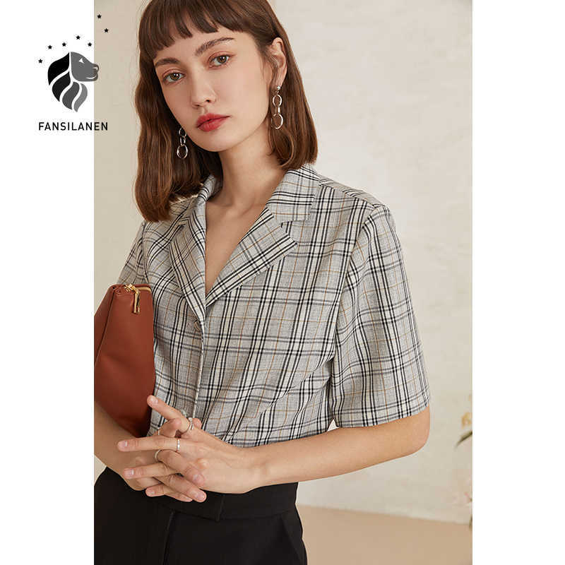 

FANSILANEN Short sleeve casual plaid blouse shirt Women vintage summer top Female office lady elegant button up 210607, Beige