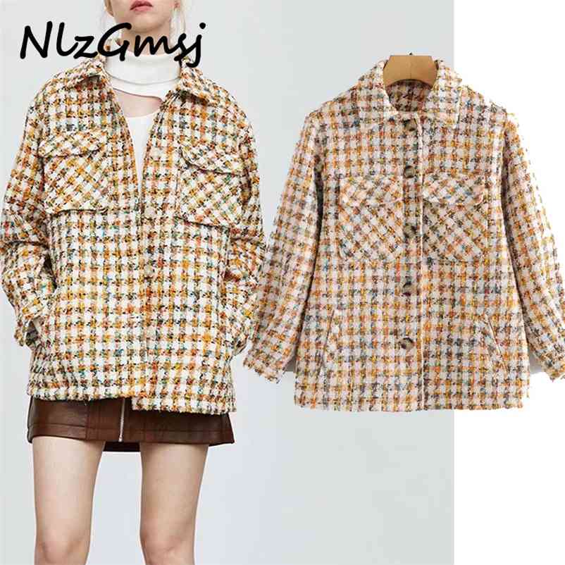 

Jacket Women Fashion Oversized Retro Variegated Plaid Coat Long Sleeve Pockets Female Outerwear Chic Tops 210628, As picture