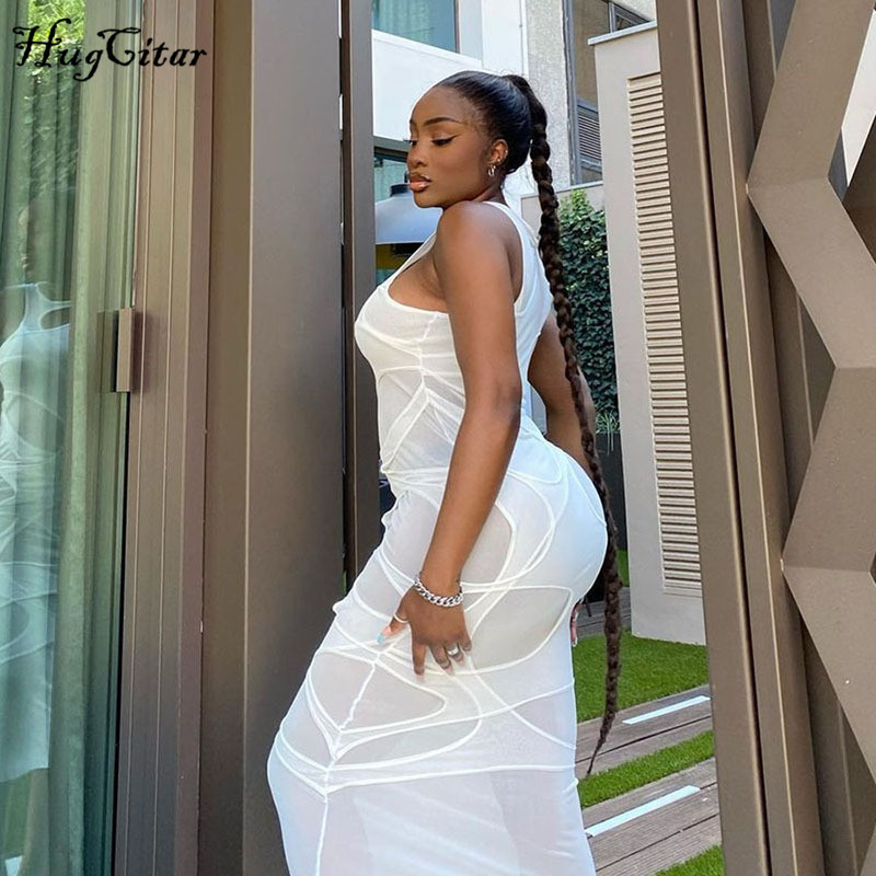 

2021hugcitar 2021 sleeveless o-neck solid patchwork mesh maxi dress autumn winter women fashion party club elegant clthings, Black;gray