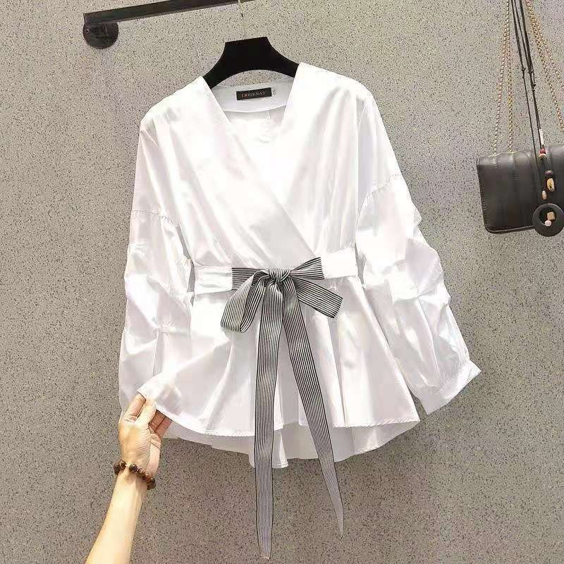 

Women's T-Shirt Spring/autumn Korean Style Women Long Sleeve V-neck Blouse All-matched Slim Sashes Design Pullover Casual Shirts W, White