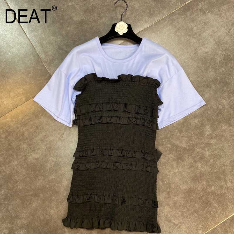 

DEAT Women Ruffles Pleated Patchwork Dress Round Neck Short Sleeve Arrivals Lady Sexy Fashion Spring Summer 11D363 210709, White