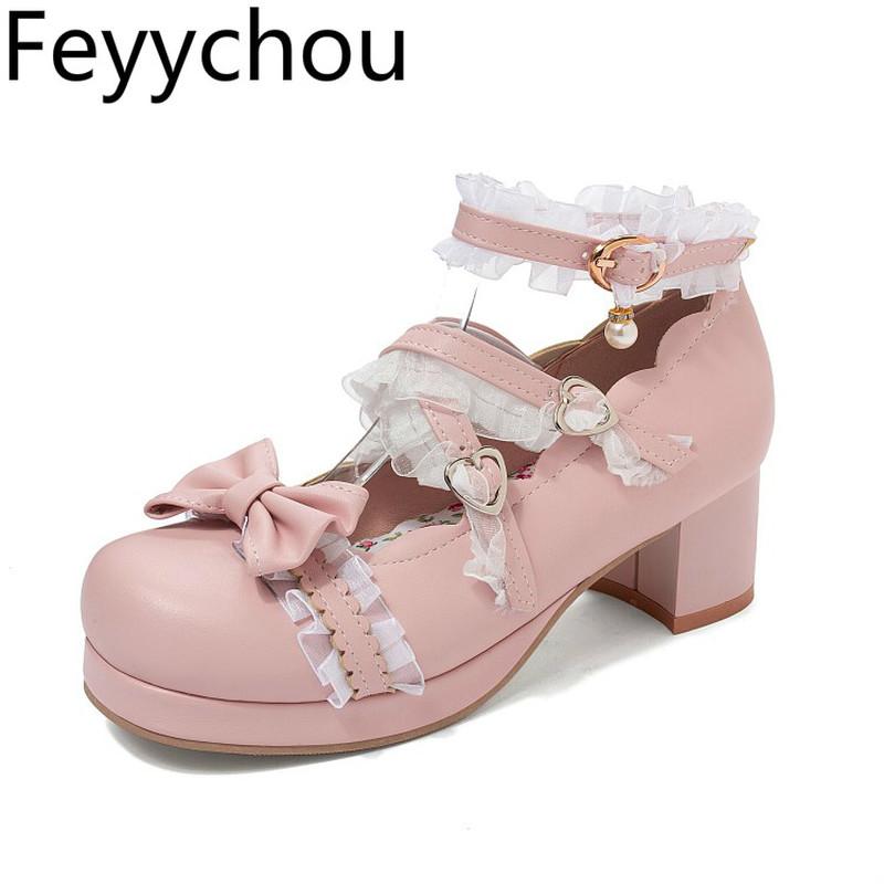 

Dress Shoes Women Pumps Med Heel Round Toe Buckle Ankle Strap Child Youth Butterfly-knot Autumn Sexy Fashion Sweet Pink Big Size 34-46, Black