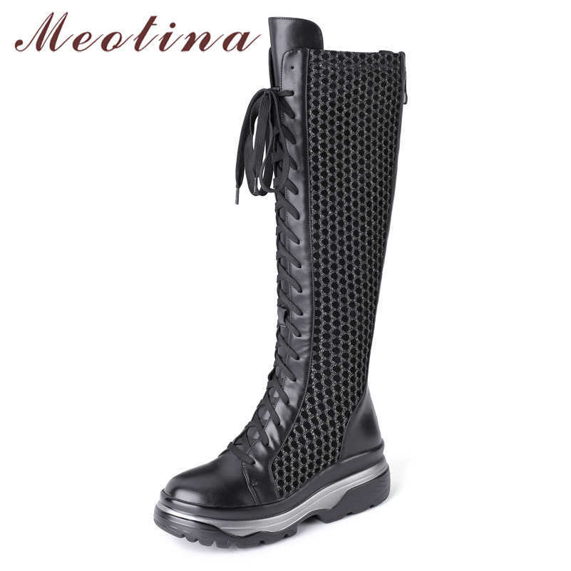 

Meotina Winter Knee High Boots Women Natural Genuine Leather Flat Platform Long Boots Zipper Round Toe Shoes Female Fall Size 39 210608, Black