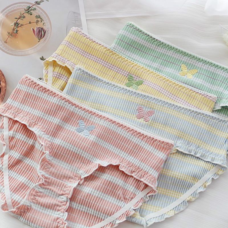 

Women Cotton Embroidery Cute Panties Butterfly Stripe Contrast Color Underwear Ladies Sexy Mid-waist Japanese Lingerie Women's, Green