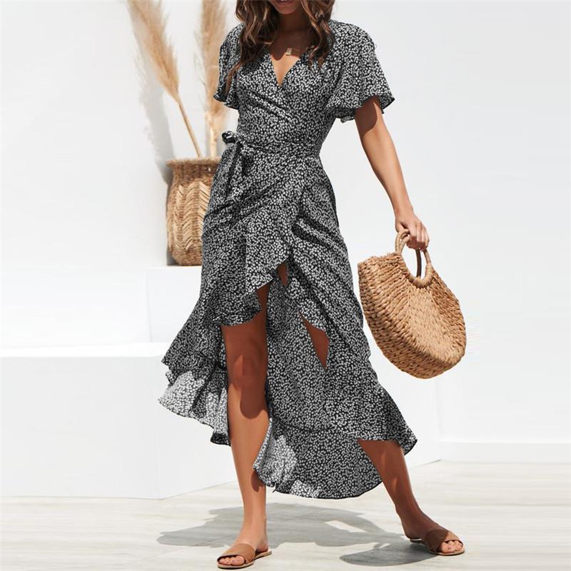 

boho beach women dress summer v neck flower sundress short sleeve polka dot ladies holiday ruffles elegant plus size, Black;gray