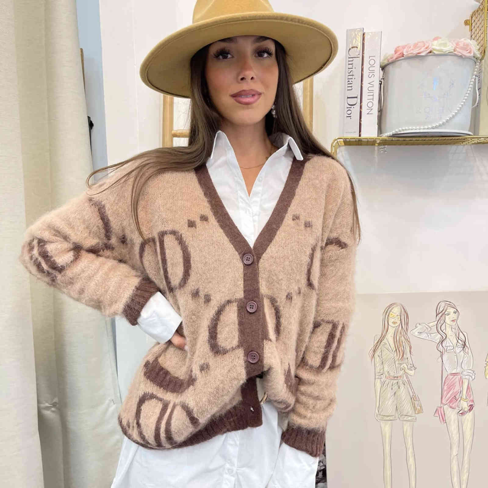 

women's sweaters 2022 brand digner ladi sweater letter embroidery v-neck knitted cardigan sweater long-sleeved women christmas gift, White;black