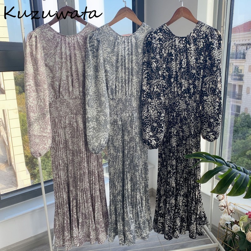 

Kuzuwata Elegant V Neck Chic Print High Waist Dress 2021 Spring French Style Vestidos Puff Sleeve Aesthetic Women Dresses, Black
