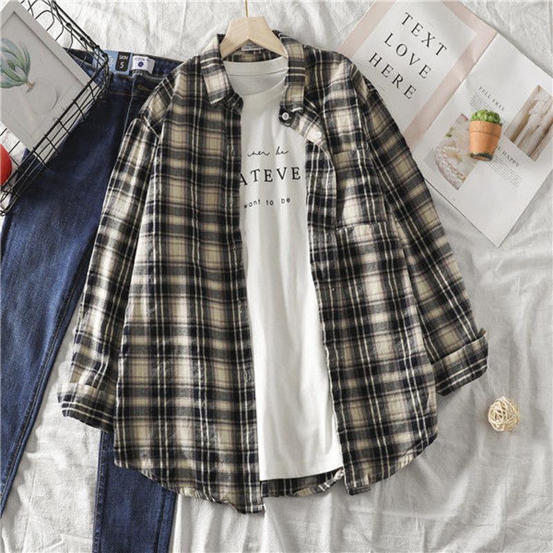

Women Tops And Blouses Long Sleeve Spring Autumn Ladies Plaid Loose Boyfriend Style Shirt Women's & Shirts, Black