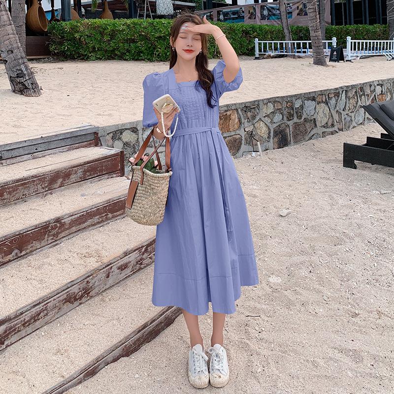 

Maternity Dresses Summer Dress Pink Blue Bowknot Big Yards Pregnant Women Square Collar Puff Sleeve Pregnancy Maxi