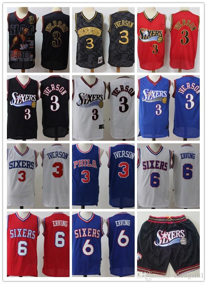 

Mens Philadelphia Throwback 76ers Jersey Allen 3 Iverson Julius 6 Erving Basketball Jersey Basketball Shorts 3X, Black;red