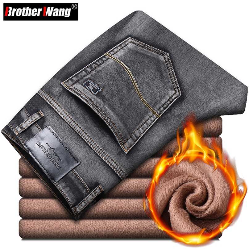 

Winter Warm Men's Fleece Jeans Classic Style Gray Cotton Regular Fit Stretch Denim Thick Pants Male Brand Trousers 211108, Smoky gray